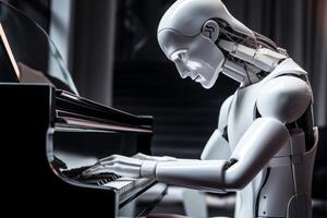 Sci-fi humanoid AI robot android plays piano robotic fingers touch stylish musical instrument. Technological harmony advanced artificial intelligence people-like futuristic interactions photo