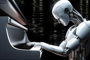 Sci-fi humanoid AI robot android plays piano robotic fingers touch stylish musical instrument. Technological harmony advanced artificial intelligence people-like futuristic interactions photo
