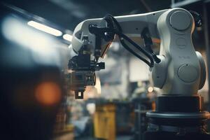 Precise robotic manipulator machine welding hand at factory's assembly line manufacturing process. Innovative advanced technologies robot arm helping people increase production factory photo