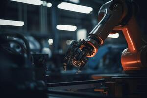 Precise robotic manipulator machine welding hand at factory's assembly line manufacturing process. Innovative advanced technologies robot arm helping people increase production factory photo