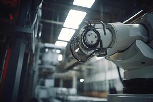 Precise robotic manipulator machine welding hand at factory's assembly line manufacturing process. Innovative advanced technologies robot arm helping people increase production factory photo