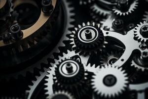 Reliable industrial mechanical gears macro cogs inside clock in motion in structured well-organized connected watch mechanism meshing parts together in precise manner and thoughtfully photo