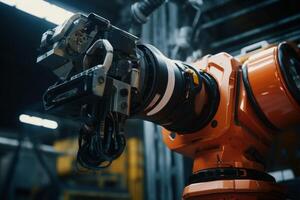 Precise robotic manipulator machine welding hand at factory's assembly line manufacturing process. Innovative advanced technologies robot arm helping people increase production factory photo