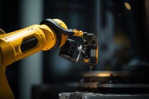 Precise robotic manipulator machine welding hand at factory's assembly line manufacturing process. Innovative advanced technologies robot arm helping people increase production factory photo