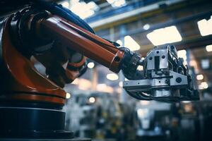 Precise robotic manipulator machine welding hand at factory's assembly line manufacturing process. Innovative advanced technologies robot arm helping people increase production factory photo