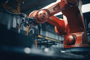 Precise robotic manipulator machine welding hand at factory's assembly line manufacturing process. Innovative advanced technologies robot arm helping people increase production factory photo