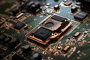 A close-up shot of motherboard components printed on a green circuit board with intricate soldering capture the technological advance in computing and progress in microchip development. photo