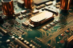A close-up shot of motherboard components printed on a green circuit board with intricate soldering capture the technological advance in computing and progress in microchip development. photo