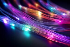 Colorful optic fiber electrical cables wires neon waves lines abstract 3d ai design background pattern glow colored streams information optical connection internet web multicolor data led photo