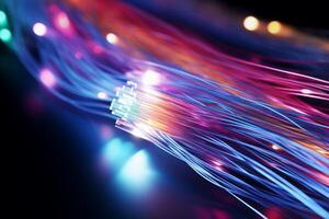 Colorful optic fiber electrical cables wires neon waves lines abstract 3d ai design background pattern glow colored streams information optical connection internet web multicolor data led photo