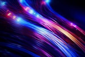 Colorful optic fiber electrical cables wires neon waves lines abstract 3d ai design background pattern glow colored streams information optical connection internet web multicolor data led photo
