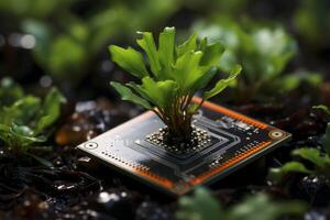 Plant growing from processor grow nature computer hardware ecology sustainable eco-friendly technology tech modern computer chip green leaves natural beauty leaf tree oxygen microchip photo