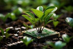 Plant growing from processor grow nature computer hardware ecology sustainable eco-friendly technology tech modern computer chip green leaves natural beauty leaf tree oxygen microchip photo