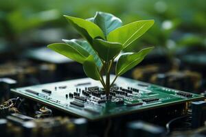 Plant growing from processor grow nature computer hardware ecology sustainable eco-friendly technology tech modern computer chip green leaves natural beauty leaf tree oxygen microchip photo