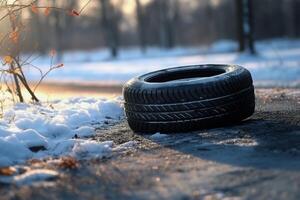Winter tire covered in snow snowy road ice icy car wheel drive safety safe driving transportation condition change vehicle auto slippery danger frost protection climate dangerous offroad photo