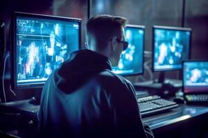 Hacker back view computer cyberspace security criminal technology burglar coding internet fraud danger virtual virus information password safety web network software privacy spyware photo