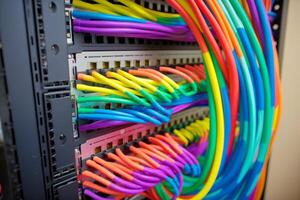 Colorful optic fiber electrical cables wires neon waves lines abstract 3d ai design background pattern glow colored streams information optical connection internet web multicolor data led photo