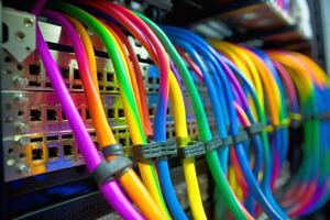 Colorful optic fiber electrical cables wires neon waves lines abstract 3d ai design background pattern glow colored streams information optical connection internet web multicolor data led photo