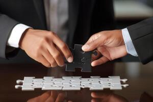 Group people putting puzzles together. Hands teamwork thinking partnership business meeting jigsaw strategy cooperation brainstorm company unity success piece join game part element photo
