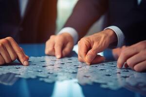 Group people putting puzzles together. Hands teamwork thinking partnership business meeting jigsaw strategy cooperation brainstorm company unity success piece join game part element photo