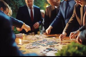 Group people putting puzzles together. Hands teamwork thinking partnership business meeting jigsaw strategy cooperation brainstorm company unity success piece join game part element photo