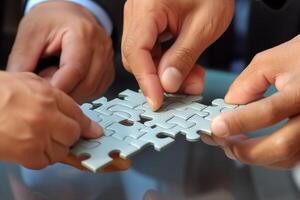 Group people putting puzzles together. Hands teamwork thinking partnership business meeting jigsaw strategy cooperation brainstorm company unity success piece join game part element photo