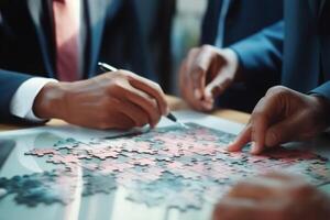 Group people putting puzzles together. Hands teamwork thinking partnership business meeting jigsaw strategy cooperation brainstorm company unity success piece join game part element photo