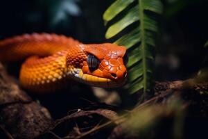 Colorful snake python cobra viper forest hiding waiting for prey rainforest jungle untouched nature predator venomous venom dangerous wildlife poisonous animal skin tail creepy african photo