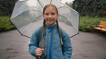 Close up girl standing city street outside umbrella rainy weather freshness dampness dropping meteorology climate springtime enjoyment happiness air relax child smiling resting wet waterfall joyful photo