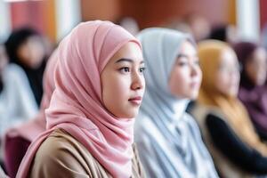 Diverse students group listening to favorite subject college student preparing for exam learning topic study process attention lecture class active learner classmate young academic photo