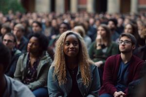 Diverse students group listening to favorite subject college student preparing for exam learning topic study process attention lecture class active learner classmate young academic photo