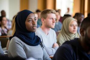 Diverse students group listening to favorite subject college student preparing for exam learning topic study process attention lecture class active learner classmate young academic photo
