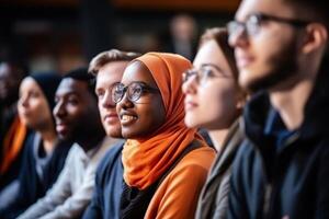 Diverse students group listening to favorite subject college student preparing for exam learning topic study process attention lecture class active learner classmate young academic photo
