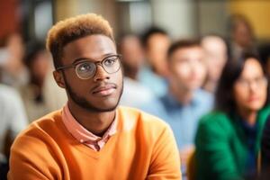Diverse students group listening to favorite subject college student preparing for exam learning topic study process attention lecture class active learner classmate young academic photo
