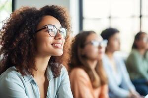 Diverse students group listening to favorite subject college student preparing for exam learning topic study process attention lecture class active learner classmate young academic photo
