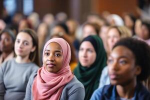 Diverse students group listening to favorite subject college student preparing for exam learning topic study process attention lecture class active learner classmate young academic photo