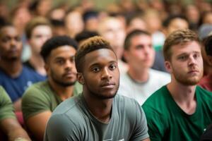 Diverse students group listening to favorite subject college student preparing for exam learning topic study process attention lecture class active learner classmate young academic photo