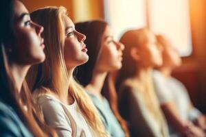 Diverse students group listening to favorite subject college student preparing for exam learning topic study process attention lecture class active learner classmate young academic photo