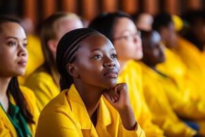 Diverse students group listening to favorite subject college student preparing for exam learning topic study process attention lecture class active learner classmate young academic photo