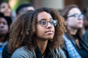 Diverse students group listening to favorite subject college student preparing for exam learning topic study process attention lecture class active learner classmate young academic photo