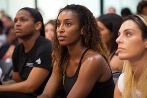 Diverse students group listening to favorite subject college student preparing for exam learning topic study process attention lecture class active learner classmate young academic photo