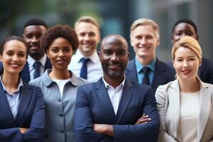 Diverse team posing in front of office building company advertising ad marketing hr employees teamwork job done success women men businessmen managers smiling friends group happy photo