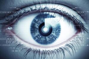 Extreme close up macro futuristic colorful blue human robot cyborg eye reflection iris pupil eyelashes eyeball sight looking at camera. Future ophthalmology vision correction artificial photo