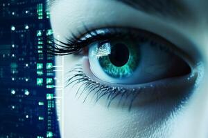 Close up cyberspace neon blue futuristic young woman female robot face eyes viewing online information data startup. Artificial intelligence communication network virtual reality digital photo