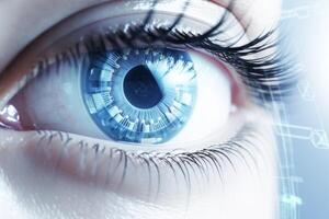 Close up macro cyberspace online AI technology tech blue woman female cyborg bionic eye data pupil. Science artificial vision application innovation future programming internet hacking photo