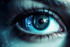 Close up futuristic woman female cyber eye eyeball iris pupil eyelashes in process scanning looking at camera. Biometrics software future digital technology data interface cyberspace photo