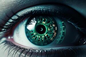 Extreme close up macro futuristic colorful blue human robot cyborg eye reflection iris pupil eyelashes eyeball sight looking at camera. Future ophthalmology vision correction artificial photo