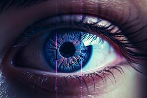 Extreme close up macro futuristic colorful blue human robot cyborg eye reflection iris pupil eyelashes eyeball sight looking at camera. Future ophthalmology vision correction artificial photo