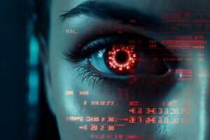 Close up cyberspace neon blue futuristic young woman female robot face eyes viewing online information data startup. Artificial intelligence communication network virtual reality digital photo