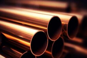 Metal copper pipes rusty dirty brown metallic tube stack production line industry pipeline construction site factory stainless iron round pipeline shiny plumbing manufacturing heavy photo